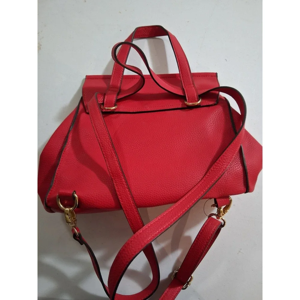 Nanette Lepore Red Pebbled Vegan Leather Convertible Backpack Gold Hardware